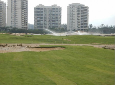 The irrigation system runs watering new Zeon Zoysia sod at the Olympic Golf Course in Rio (photo courtesy Marcelo Matte, Green Grass Brazil)
