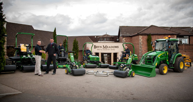 (Left to right) Bryn Meadow’s course manager David Jakeway and turf equipment manager Gareth Beck of John Deere dealer Frank Sutton, with greens staff Thomas Morgan, Gareth Rowlands, head greenkeeper Mark Lamorte and the new golf course fleet.