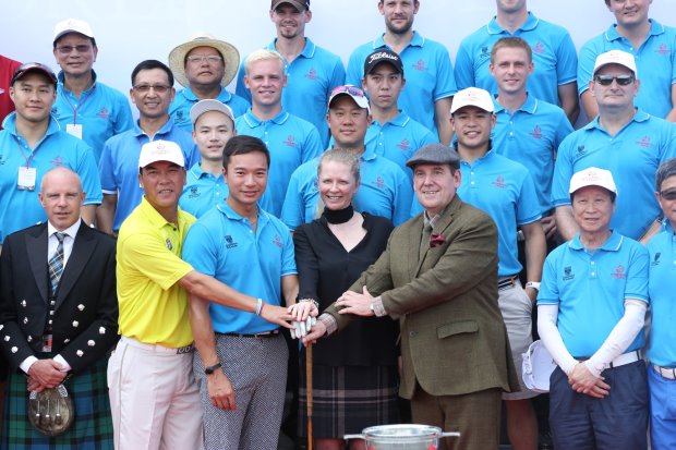 Pictured at the opening ceremony for the Mission Hills – St Andrews: Home to Home Scholarship Fundraising Championship are (from left): Zhang Lianwei; Mr. Tenniel Chu, Vice Chairman of Mission Hills Group; Dr. Lindsay Porter from the University of St Andrews; and Mr Steve Notman of Historic Scottish Golf (photograph by Miao Hua/Mission Hills)