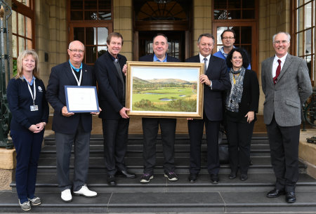 French representatives receiving the painting from the First Minister and George O'Grady outside The Gleneagles Hotel