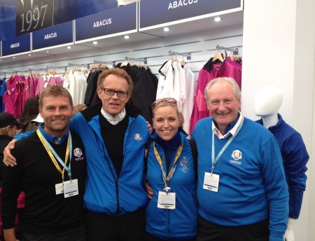(from left) Enjoying the atmosphere of The 2014 Ryder Cup, Kim Kjaersgaard Frandsen, board member of Abacus Sportswear, Sven-Olof Karlsson, CEO and Owner of Abacus Sportswear, The 2015 Solheim Cup European Team Captain, Carin Koch, and Henrik Treschow, Chairman of Abacus Sportswear