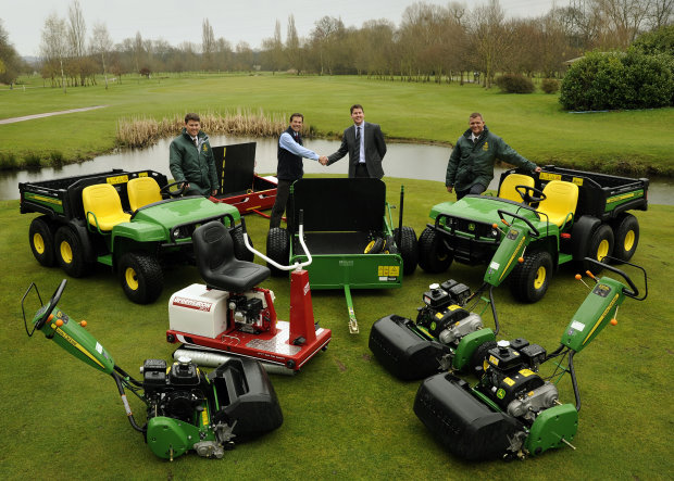 (Left to right) Branston Golf & Country Club’s director of golf Richard Odell, area sales manager James Robson of John Deere dealer Henton & Chattell, the club’s managing director Ben Laing and course manager Gavin Robson, with the new course maintenance equipment