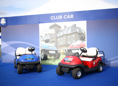 The Club Car stand at The 2014 Ryder Cup, showcasing cars for both teams
