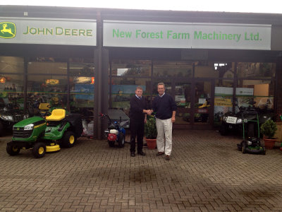 New Forest Farm Machinery’s turf sales director Nick Clarke (right) welcomes new professional turf equipment salesman Robin Woods to the dealership.