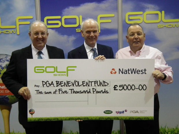The Golf Show donates £5,000 to the PGA Benevolent Fund. (L-R) Paul Hedges, Sandy Jones and Eddie Reid