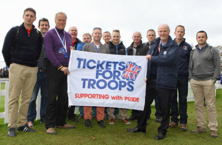 PGA chief executive Sandy Jones (third from right) and Tickets for Troops chairman Lord Marland (third from left) with Armed Forces personnel (courtesy of Adrian Milledge)