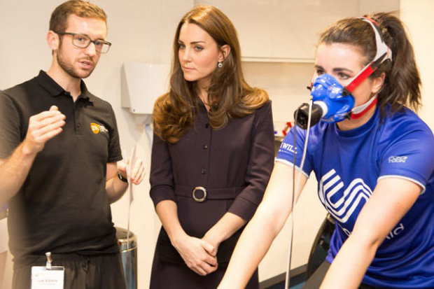 The Duchess learns about Emma's respiratory test (courtesy Nathan Gallagher/SportsAid)