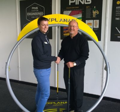 Luther Blacklock presents the Explanar to Sophie Daws at Etchinghill Golf Club