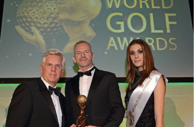  1: Guy Maxwell (centre) Golf Director at Assoufid Golf Club, Marrakech, receives the World Golf Award from TV sports commentator, Steve Rider 