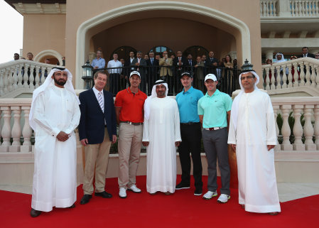 (from left) HE Mohammed Al Shibani (Director General of HH Ruler’s Court and CEO of the ICD); George O'Grady (Chief Executive of The European Tour), Henrik Stenson of Sweden, HH Sheikh Ahmed bin Saeed Al Maktoum (President of Dubai Civil Aviation and Chairman and Chief Executive of Emirates airline and Group), Justin Rose of England, Rory McIlroy of Northern Ireland and HE Abdul Rahman Al Saleh (Chairman of Jumeirah Golf Estates) pose for a photograph during the official opening of the new clubhouse at the DP World Tour Championship at Jumeirah Golf Estates (Getty Images)