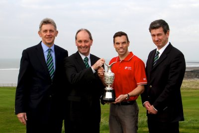 (l-r) Huw Jenkins, Captain of Royal Porthcawl GC; Andy Stubbs, Managing Director of the European Senior Tour; Ken Skates, Deputy Minister for Culture, Sport & Tourism; Michael Newland, Secretary of Porthcawl GC.