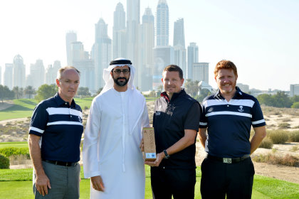 8th hole on the Majlis course at Emirates Golf Club (from left): Christopher May (Chief Executive Officer - Dubai Golf), Mustafa Al Hashimi, (Chief Executive Officer Hospitality & Leisure – wasl Asset management), Craig Haldane (Director of Golf Course Maintenance – Dubai Golf), Andrew Whitelaw (General Manager – Emirates Golf Club)