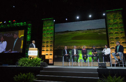 (from left) Peter Dawson, Ty Votaw, Suzann Pettersen, Graeme McDowell, Amy Alcot and Gil Hanse take to the stage at the Olympic Golf Forum during the 2015 PGA Show in Orlando