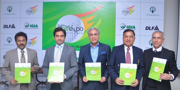(from left) B. Suman, Joint Secretary, Ministry of Tourism, Govt. of India; Aakash Ohri, President, IGIA; Getambar Anand, President, CREDAI; Wg. Cdr. Arun K. Singh, Director General, Indian Golf Union; and Rishi Narain, MD, RN Golf Management during the Curtain Raiser of India Golf Expo 2015