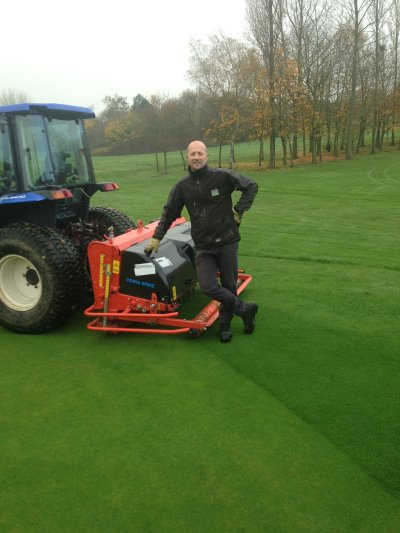 Ross Edmonds, Course Manager at Abbey Hill Golf Centre, Milton Keynes with his new Wiedenmann Greens Terra Spikes G160