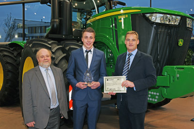 John Deere ag & turf apprentice of the year Alistair Baillie (centre) with Guy Schornig-Moore of Babcock and Richard Halsall of John Deere (left and right)