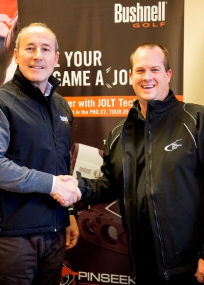 Andrew Grose, Managing Director Bushnell UK, (left) agrees deal with Daniel Godding, PGA EuroPro Tour Director of Operations