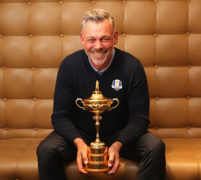 Darren Clarke with the newly reconstituted Ryder Cup Trophy