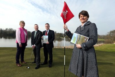 Minister Foster with Malone Golf Club lady captain Eleanor McKelvey; Tourism NIs Simon Wallace and Malone captain Peter Law