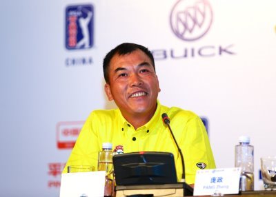 Chinese golfing legend Zhang Lianwei speaks to the media during the Buick Open press conference at Mission Hills Haikou in China (photograph Liu Zhuang/COSI)