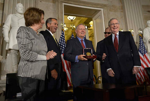 Democratic Leader of the United States House of Representatives, the Honorable Nancy Pelosi; Speaker of the United States House of Representatives, the Honorable John Boehner; Congressional Gold Medal recipient Jack Nicklaus; Democratic Leader of the United States Senate, the Honorable Harry Reid; and Majority Leader of the United States Senate, the Honorable Mitch McConnell (photo www.nicklaus.com)