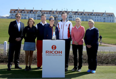 left to right: Ross Hallett, IMG Tournament Director; Amy Boulden, 2014 LET Rookie of the Year; Bart Somsen, Brand Strategy Manager, Corporate Marketing Ricoh Europe; Charley Hull, winner of the 2014 LET Order of Merit; Eric Trump, Executive Vice President Trump Organisation; Mel Reid, Trish Wilson, LGU Chairman. (Getty Images)
