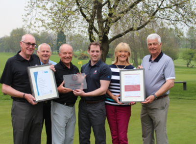 Officials from Howley Hall receive the GolfMark and Sport England awards from Yorkshire County Development Officer Tom Freeland. (from left) Colin Roberts (immediate past Captain); David Jones (Secretary/Manager); Stephen Bestwick (President); Tom Freeland; Alison Mowat (Lady Captain) and Stuart Johnson (Captain)
