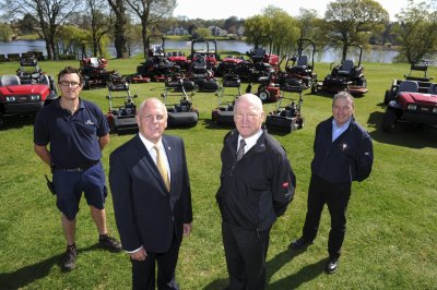 (from left) course manager Gwynn Davies, The Mere’s Chairman Gary Corbett, Lely UK’s Nigel Lovatt and Cheshire Turf Machinery’s Peter McGreevy, with The Mere’s new Toro fleet
