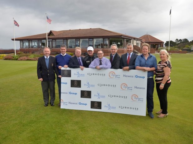Paul with representatives from Founding Highland Sponsors: (from left) Malcolm Jones (Captain The Nairn Golf Club), Fraser Cromarty (CE0 The Nairn GC), David Dowling (MD, Cairngorm Group), Paul Lawrie, Chris Dowling (Director, Cairngorm Group), Kevin Hawco (Hawco Group), Allan McGuire (Group Ops Director, Hawco), Fraser Fotheringham (Clubhouse Hotel), Janet Fotheringham (Clubhouse Hotel)