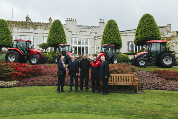 (from left) Jeff Anguige, Lely UK, Kenny MacKay, course manager and golf director, Nikki MacLennan, head mechanic, Gavin Sinclair, assistant mechanic and Trevor Chard, Lely UK, with the Wentworth’s new TYMs