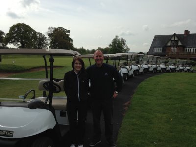 Rachael Davies, Golf Business Manager and Peter Pattenden, Estates and Golf Courses Manager on the new path with the brand new fleet of golf buggies