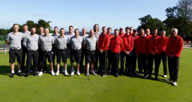 Battle Back golf team, captained by Keith Davies, (in grey) pictured with the Battle Pack Team captained by Andrew Brown of Toro (in red)