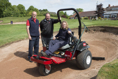 Course manager Jim Gilchrist, Lely’s area sales manager Jon Lewis and greenkeeper Vicky Cavinue sat on Harborne Golf Club’s new Toro Sand Pro 2040Z mechanical rake