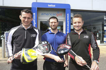 rish Golf Expo founders Stewart Kyle and Paul Shaw announce the event’s support of Europe’s largest golf retailer American Golf with Peter Matchett from the flagship store on Boucher Road