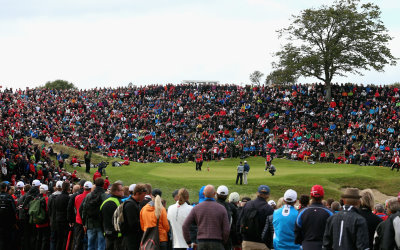 A general view of the 16th green as Thomas Bjorn of Denmark, Oliver Fisher of England and Mikael Lundberg of Sweden play the hole during the final round of the Made In Denmark at Himmerland Golf & Spa Resort on August 17, 2014 in Aalborg, Denmark  (Photo by Andrew Redington/Getty Images)