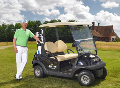 Mikko Ilonen, winner of the 2014 Volvo World Match Play Championship at London Golf Club, prior to a round with one of the venue’s Club Car vehicles
