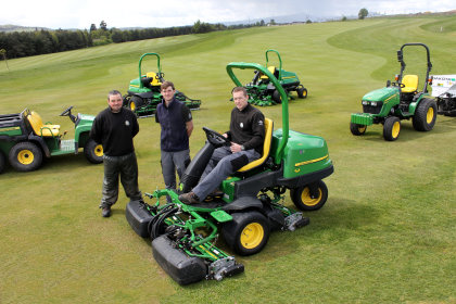 Deputy manager Matt Baird (seated right) with greenkeepers Daniel Lang (centre) and Ryan Stenhouse, and some of the new John Deere machines at SRUC Elmwood Golf Course.