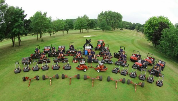 Aerial shot of the new Toro fleet at Foxhills Country Club & Resort. Course manager David Wyborn stands forefront