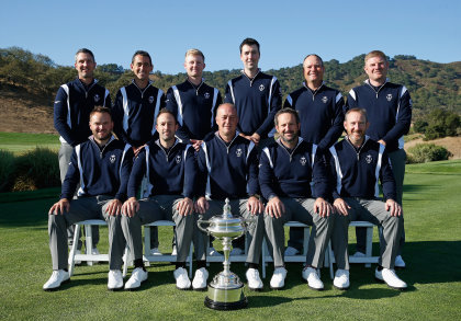 Captain Jon Bevan poses with his Great Britain & Ireland team prior to the start of the 27th PGA Cup at CordeValle on September 16, 2015 in San Martin, California. (Photo by Scott Halleran/Getty Images) 