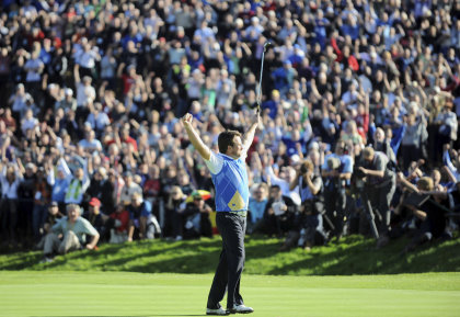 European Graeme McDowell celebrates putting on the 16th. Ryder Cup 2010 - Day 4 - 4th October 2010 - Celtic Manor Resort (Ian Cook - Sportingwales0