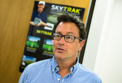Andy Allen, Managing Director of SportTrak, speaks at the UK launch of the SkyTrak personal launch monitor / golf simulator 