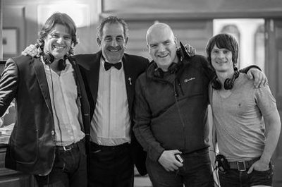 from left: author John Richardson, golfing legend Sam Torrance, producer Mark Pegg, and director Farren Blackburn during filming