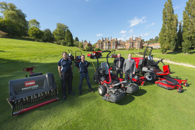 From left: Adrian Henshaw, greenkeeper at The Welcombe, Matthew Davis course manager of both courses, Lely’s Jon Lewis and Shaun Van Looy general manager at Hallmark Welcombe with some of the new Toro machines at Hallmark Welcombe