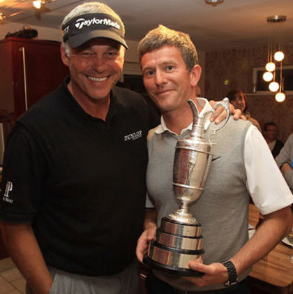 Watts (right) is pictured with Darren Clarke and the Claret Jug