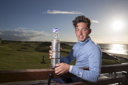 Marco Penge, Golf at Goodwood GC with the Carrick Neill Scottish Stroke Play Championship trophy after his triumph over the old links of Moray GC. (Kenny Smith Photography)
