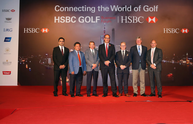 (from left) HE Aref Al Awani (General Secretary of Abu Dhabi Sports Council); Kyi Hla Han (Chairman of The Asian Tour); Tim Finchem (US PGA Tour Commissioner); Giles Morgan (Global Head of Sponsorship and Events, HSBC); Keith Pelley (European Tour Chief Executive); Martin Slumbers (Chief Executive of the R&A); and Guy Kinnings (Global Head of Golf at IMG) (Photo by Andrew Redington/Getty Images) 