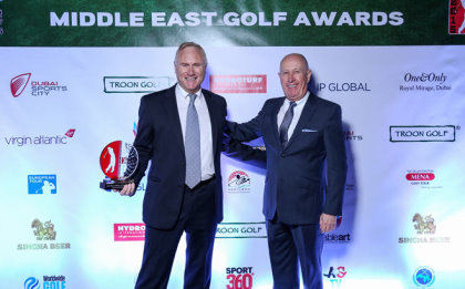 Brian Goudie (left), General Manager at Hydroturf and Colin Baxter, Managing Director at Hydroturf, receiving the Best New Golfing Product of the Year, at the 2015 Middle East Golf Awards
