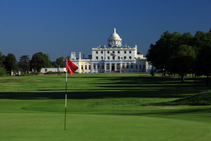 The par 5, 1st green looking back down the hole to the clubhouse and hotel at Stoke Park, on June 4, in Stoke Park (Photo by David Cannon/Getty Images)