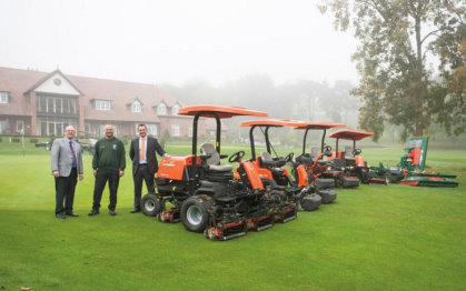 A misty morning at Malvern sees Simon Bingham of T H WHITE (left) with Worcestershire Golf Club Course Manager Steve Lloyd (centre) and David Timms from Ransomes Jacobsen with the new front-line mowing equipment