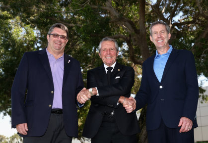 from left Grant Wilson, Chief Operating Officer, Sunshine Tour, Gary Player, Keith Waters, Chief Operating Officer, The European Tour (Photo by Warren Little/Getty Images)